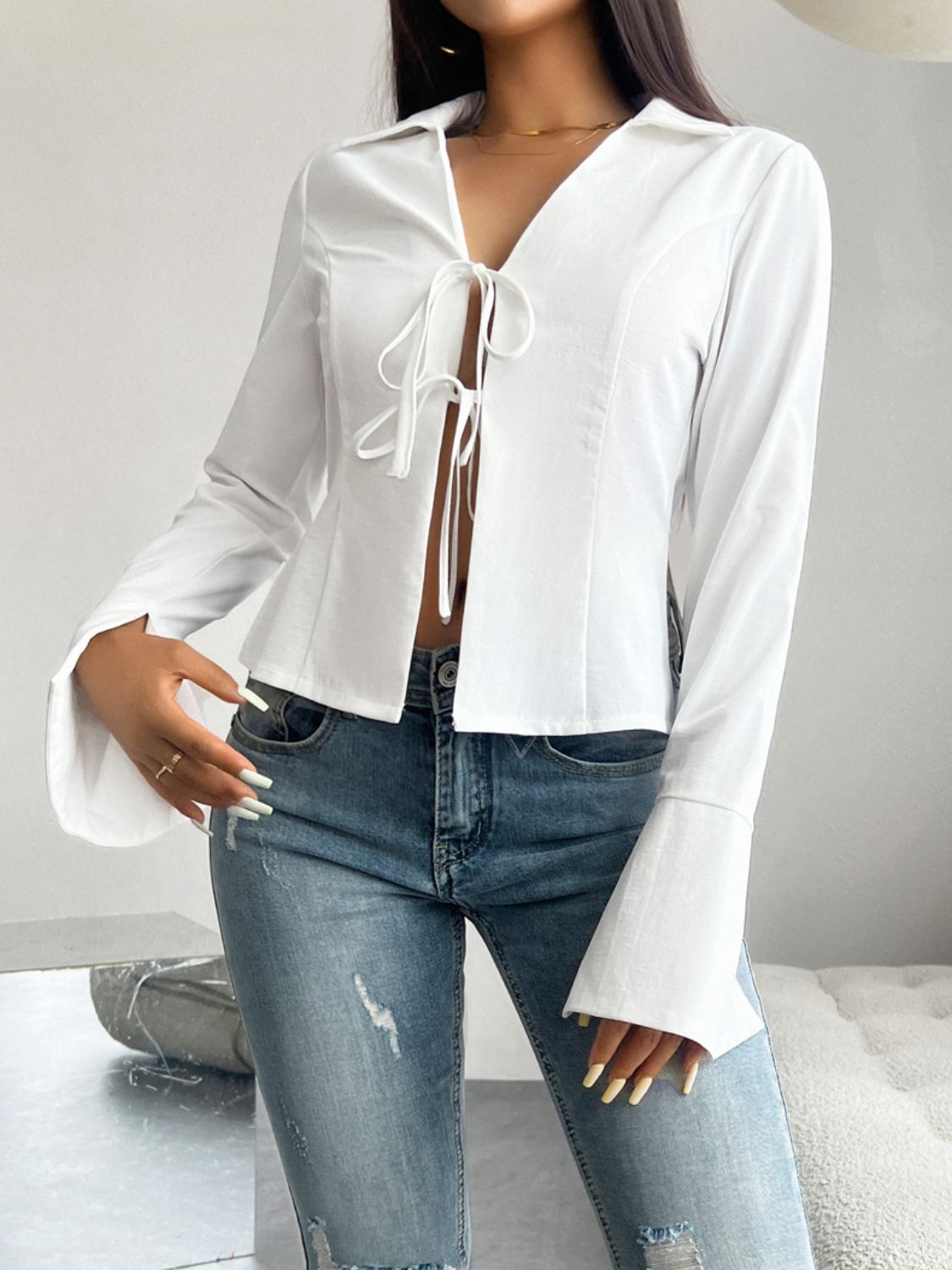 Devine Slit Tied Collared Neck Long Sleeve Blouse - Body By J'ne