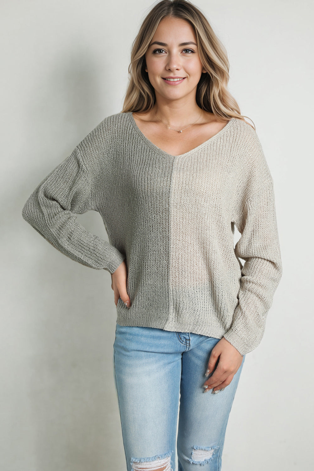 Contrast Color V-Neck Long Sleeve Pullover Sweater - Body By J'ne