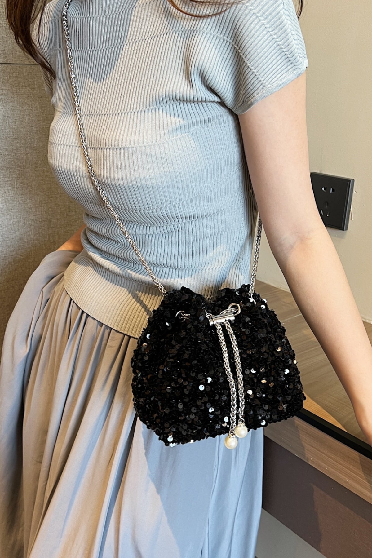 Sequin Chain Drawstring Bucket Bag - Body By J'ne