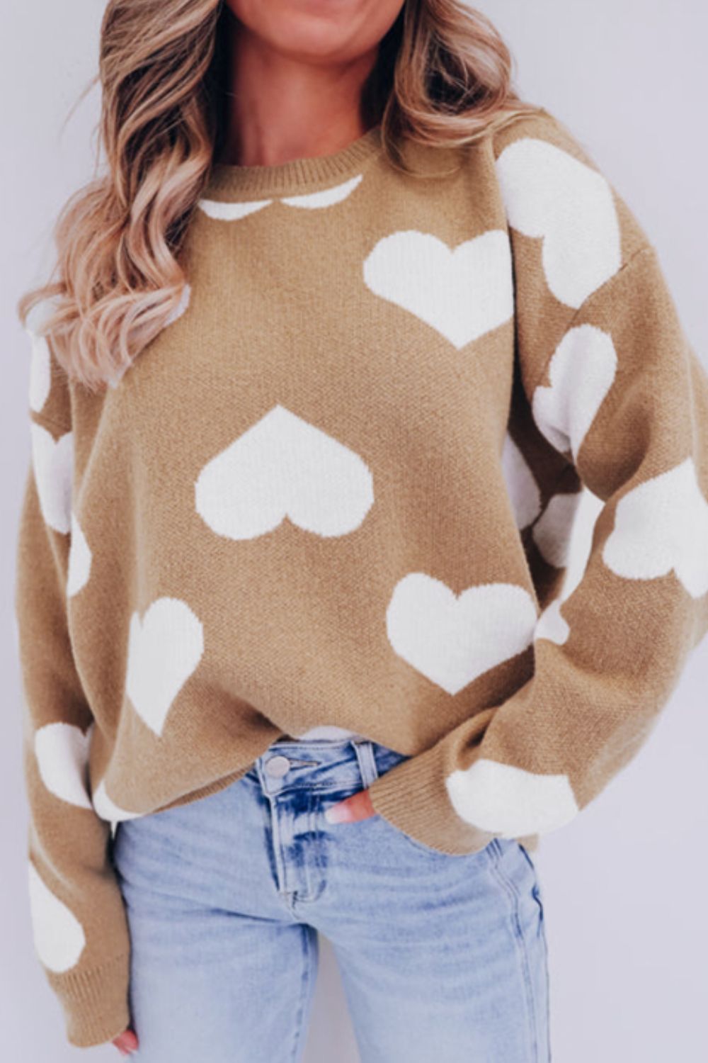 Heart Round Neck Long Sleeve Sweater - Body By J'ne