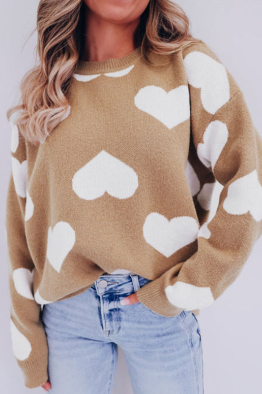 Heart Round Neck Long Sleeve Sweater - Body By J'ne