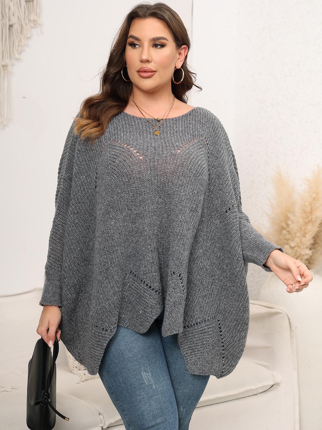 Plus Size Round Neck Batwing Sleeve Sweater - Body By J'ne