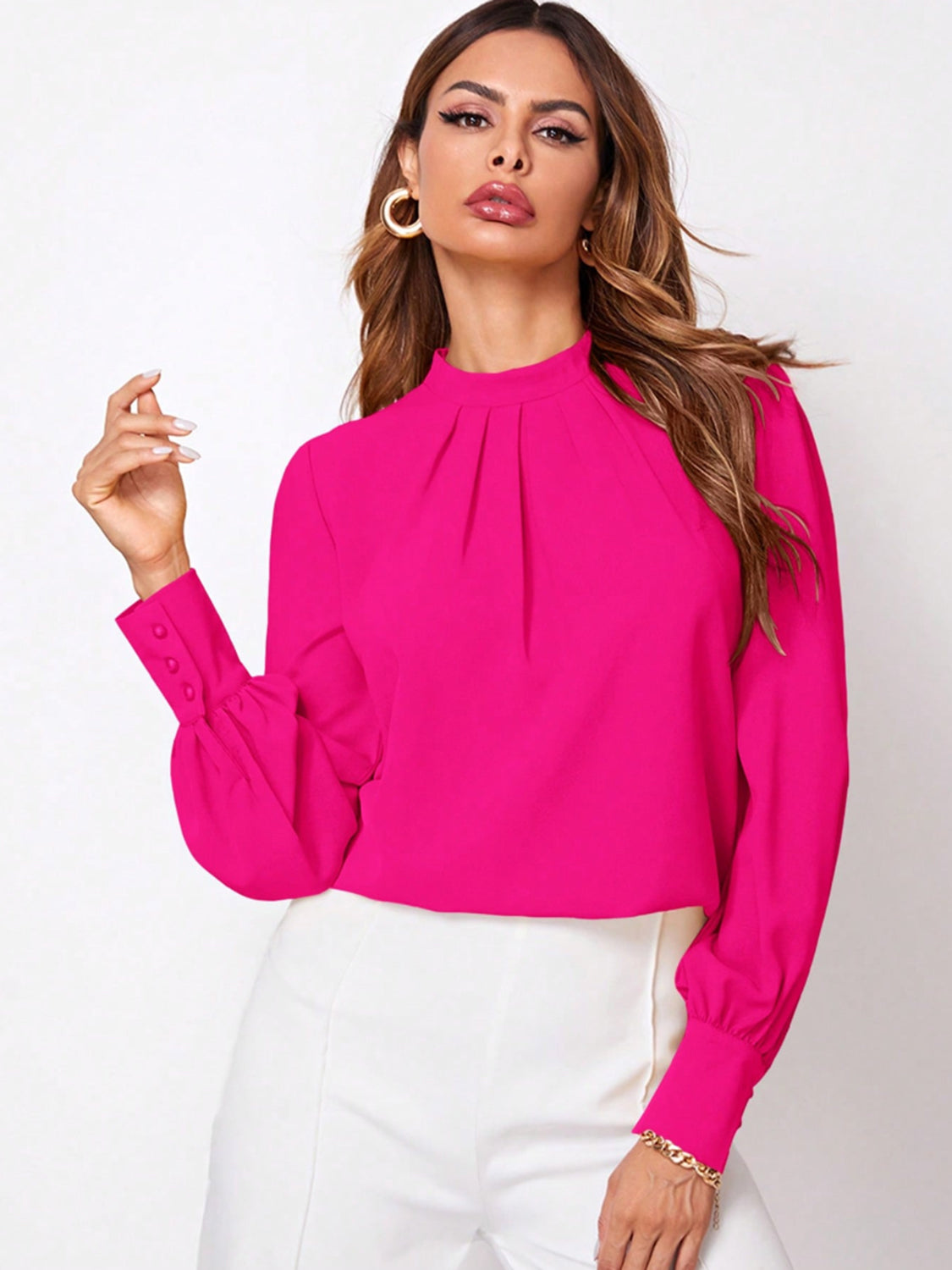 Ruched Mock Neck Long Sleeve Blouse - Body By J'ne