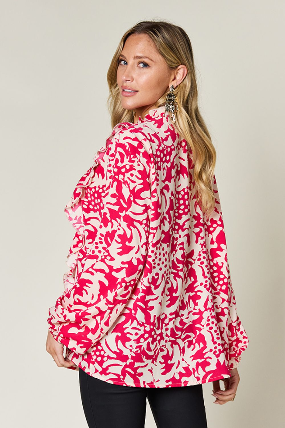 Full Size Printed Ruffle Trim Balloon Sleeve Shirt - Body By J'ne