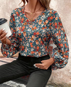 Printed V-Neck Balloon Sleeve Blouse