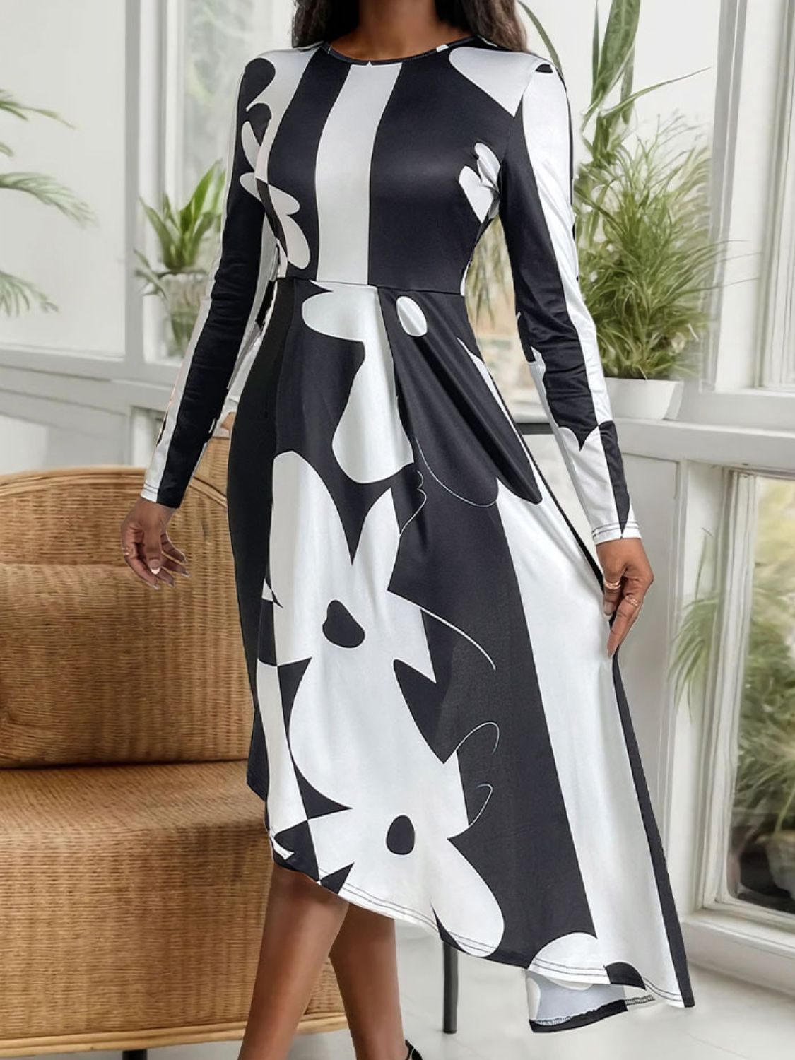 Perfee Asymmetrical Slit Round Neck Long Sleeve Midi Dress - Body By J'ne