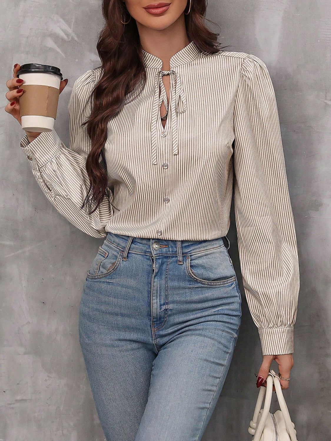 Striped Tie Neck Long Sleeve Blouse - Body By J'ne