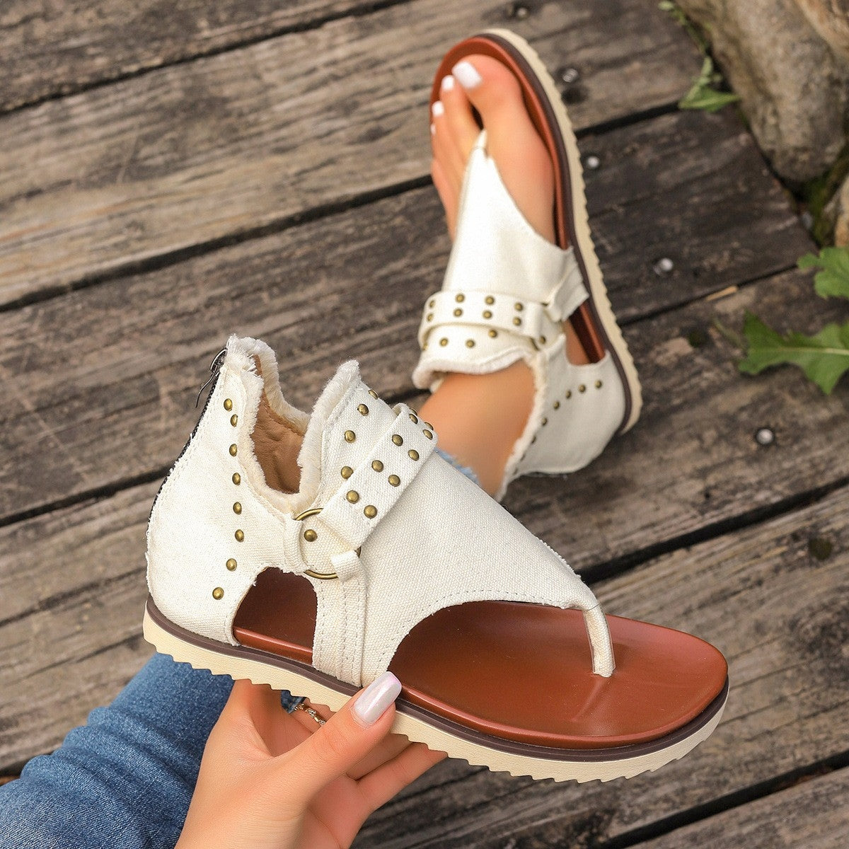 Studded Raw Hem Flat Sandals - Body By J'ne