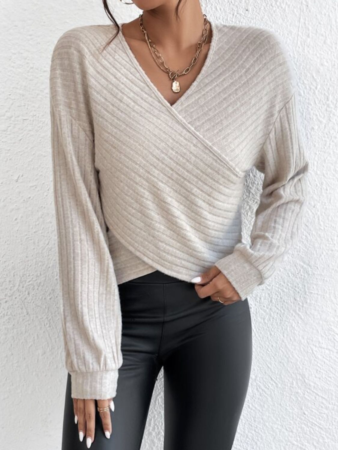 Surplice Dropped Shoulder Long Sleeve T-Shirt - Body By J'ne