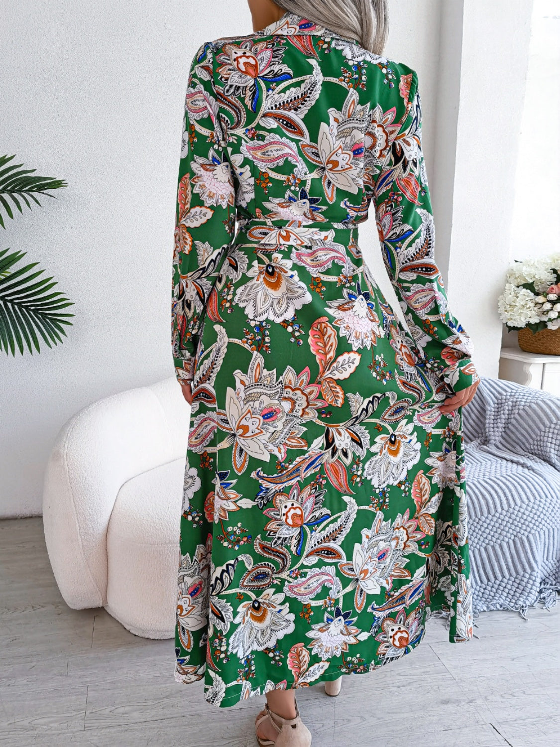 Tied Printed Long Sleeve Midi Dress - Body By J'ne