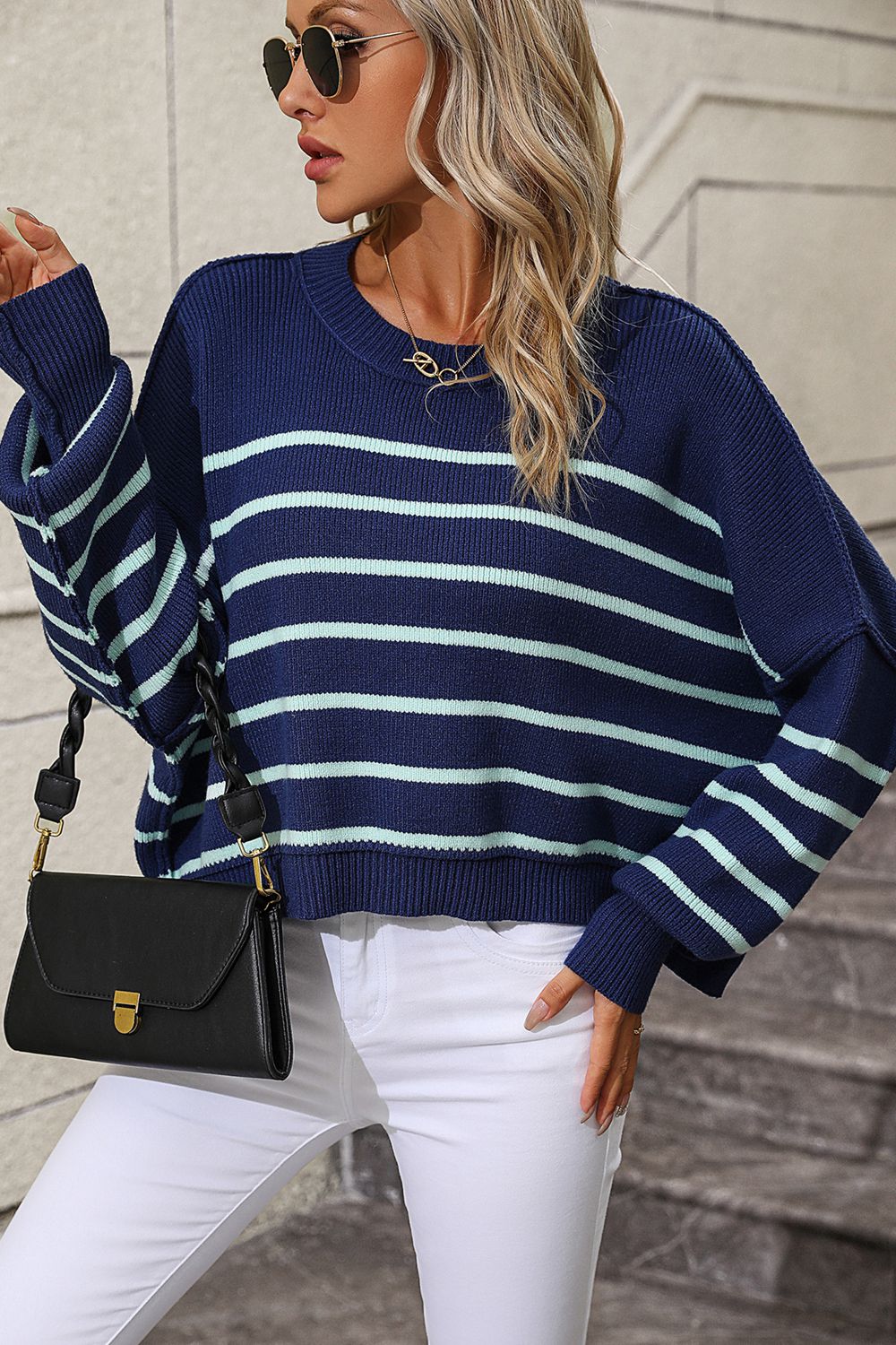 Striped Dropped Shoulder Round Neck Pullover Sweater - Body By J'ne