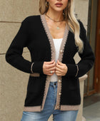 Contrast Trim Button Up Long Sleeve Cardigan