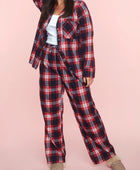 Plaid Collared Neck Button Up Top and Pants Lounge Set