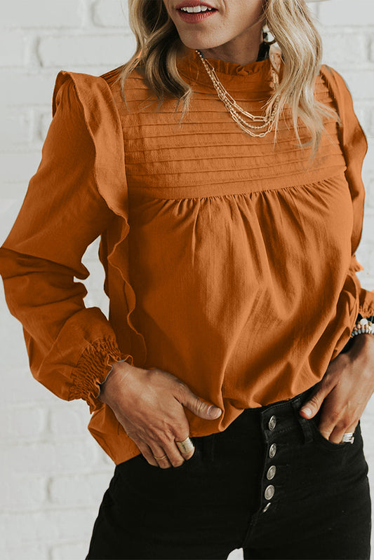 Ruffled Mock Neck Long Sleeve Blouse - Body By J'ne