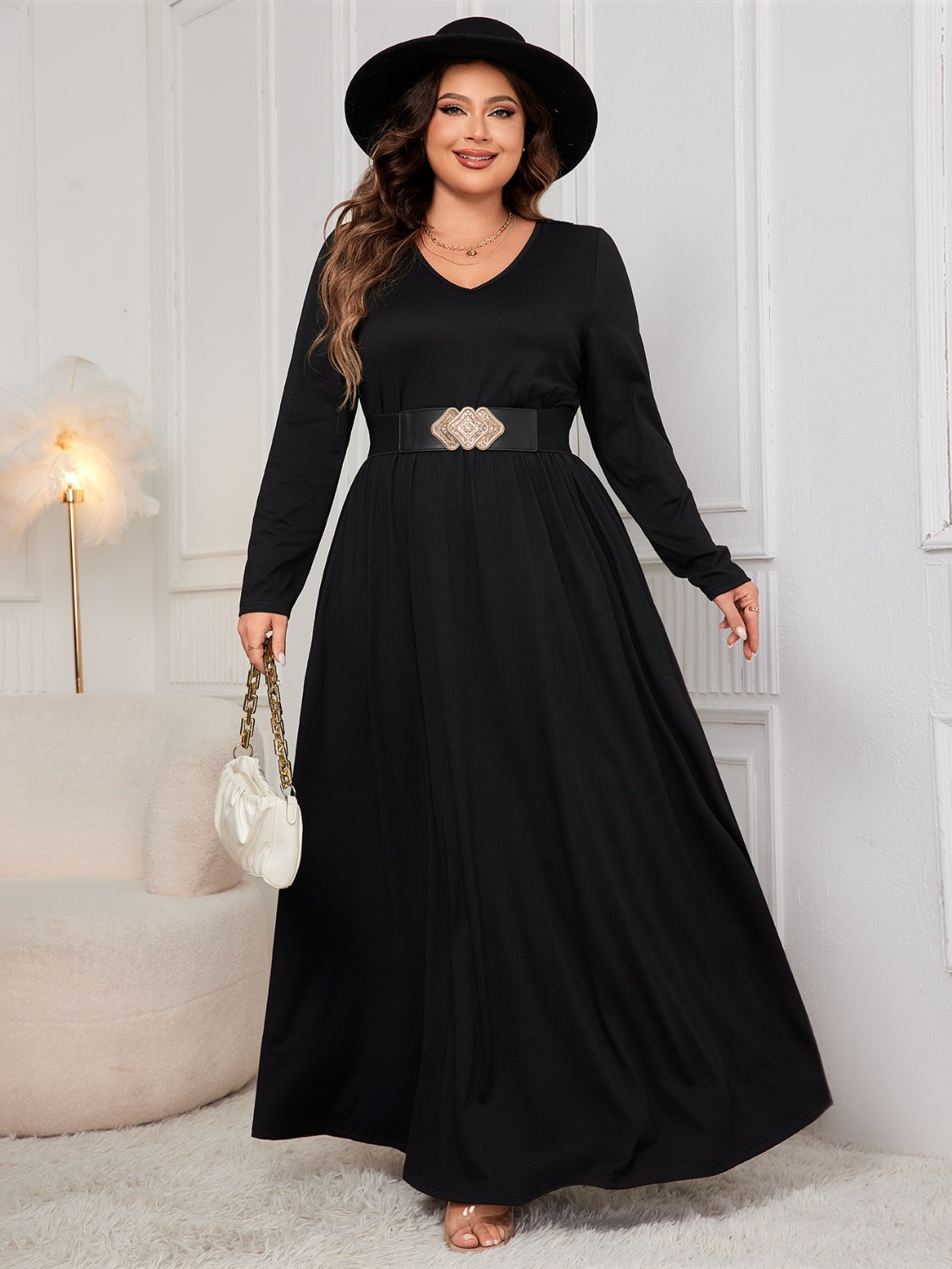 Plus Size Cutout V-Neck Long Sleeve Maxi Dress - Body By J'ne