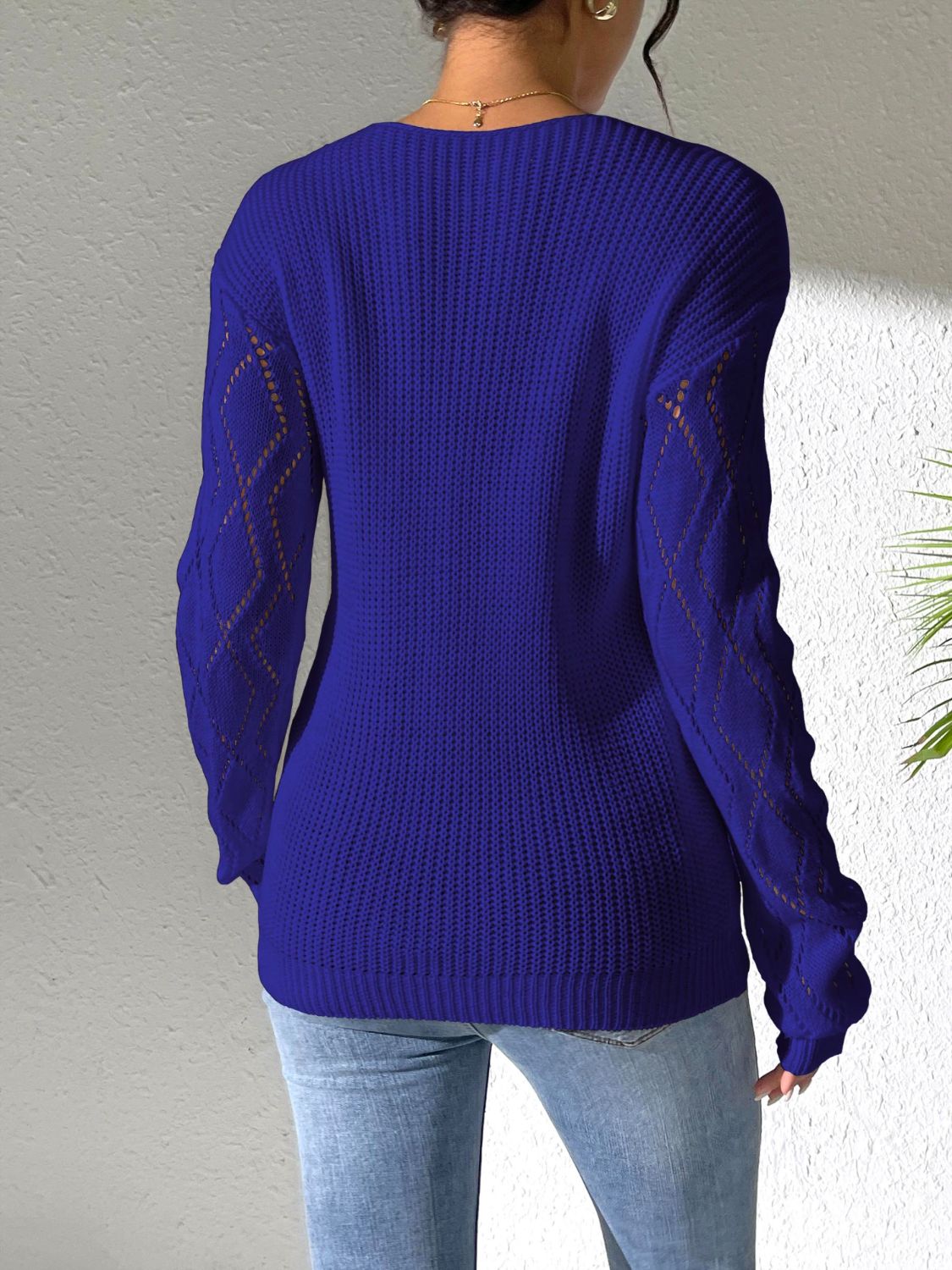 Openwork V-Neck Long Sleeve Sweater - Body By J'ne