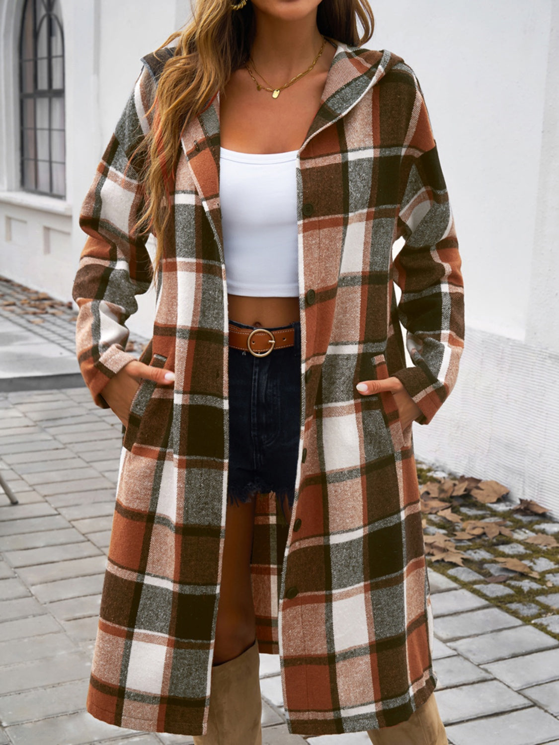 Devine Plaid Long Sleeve Hooded Coat - Body By J'ne