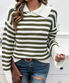 Devine Striped Collared Neck Long Sleeve Sweater