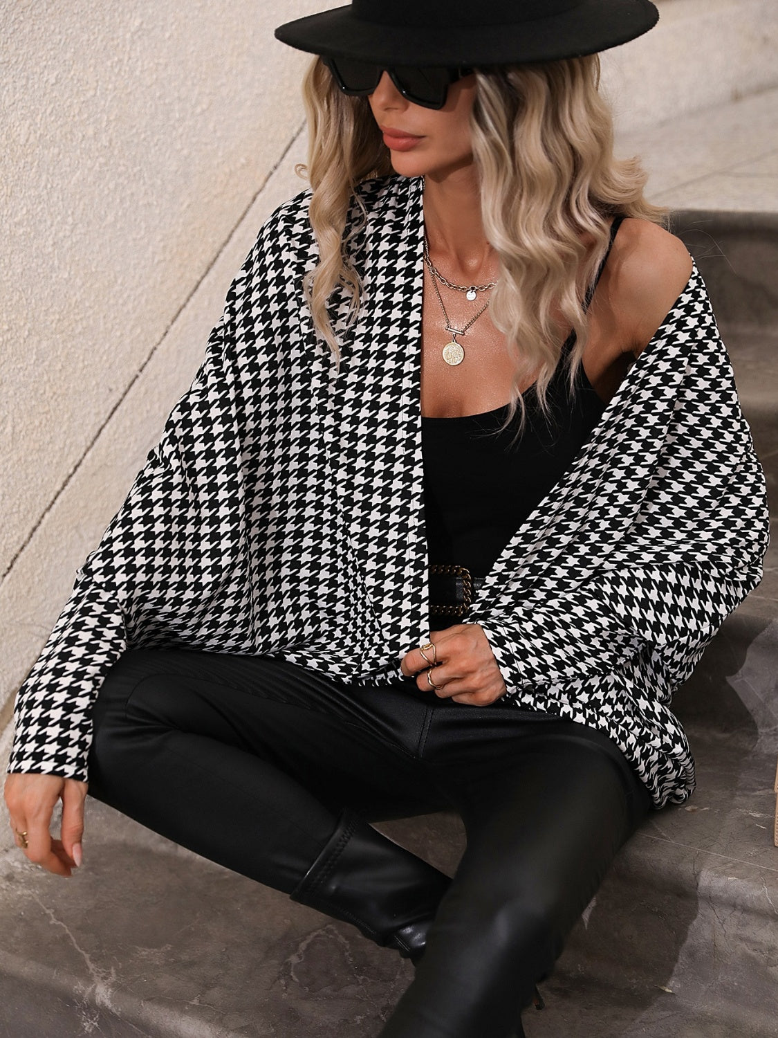 Houndstooth Open Front Batwing Sleeve Cardigan - Body By J'ne