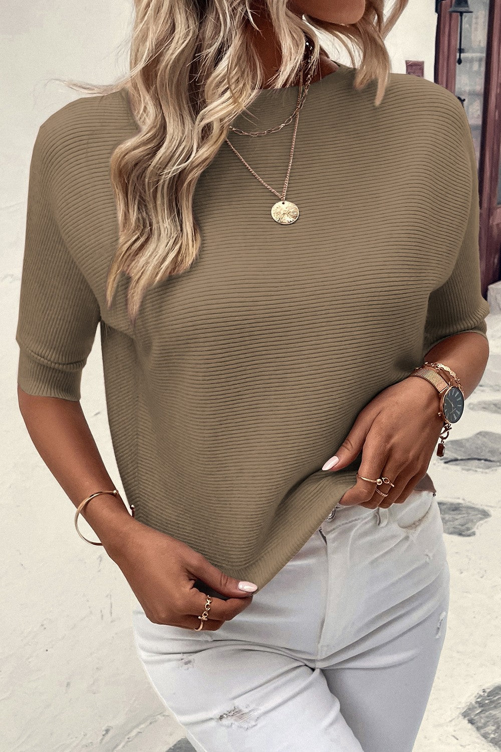 Round Neck Half Sleeve Knit Top - Body By J'ne