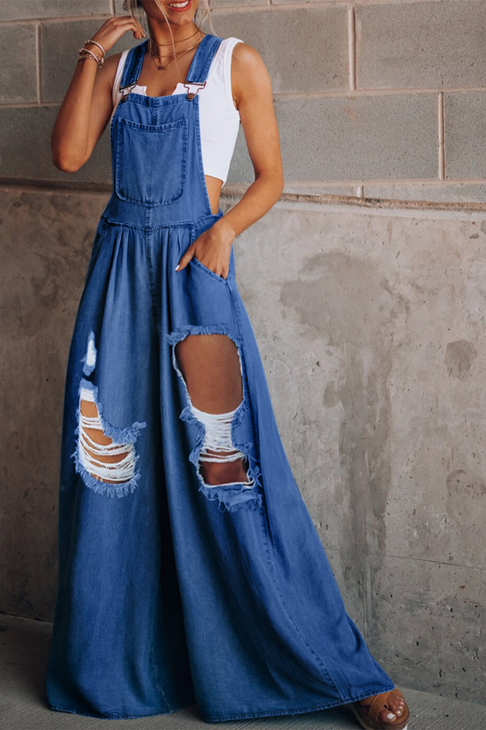 Distressed Wide Leg Denim Overalls - Body By J'ne