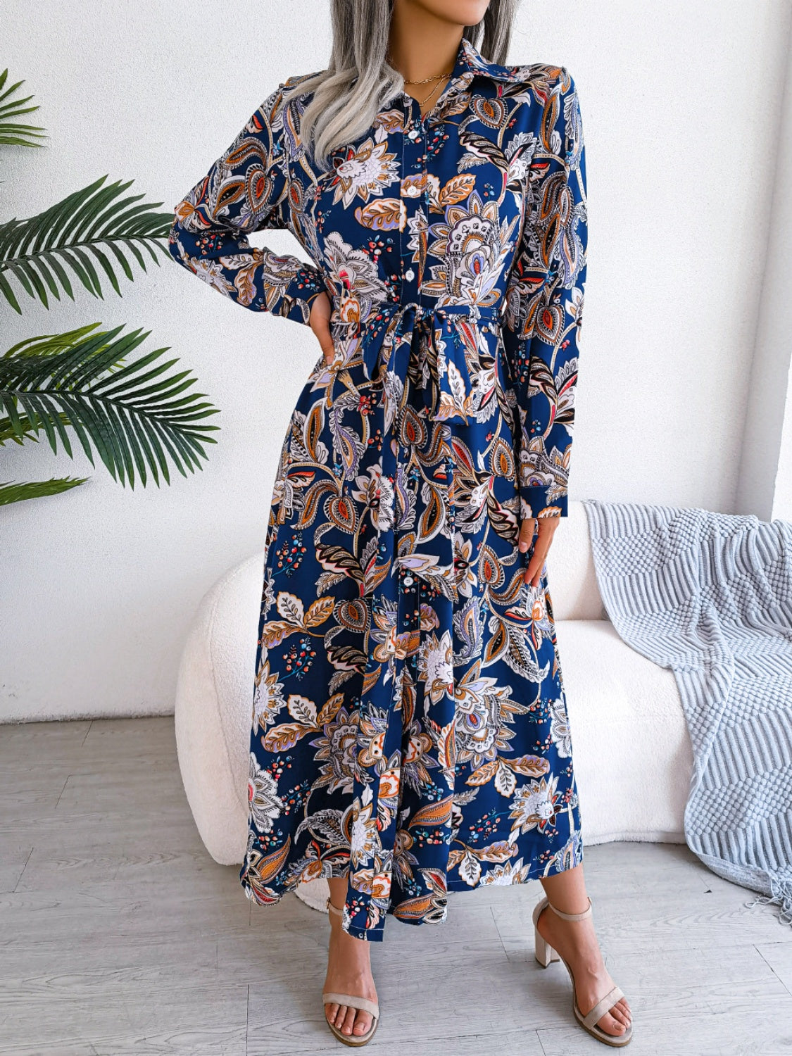 Tied Printed Long Sleeve Midi Dress - Body By J'ne