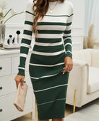 Color Block Round Neck Long Sleeve Midi Dress