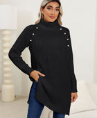 Slit Turtleneck Long Sleeve Sweater