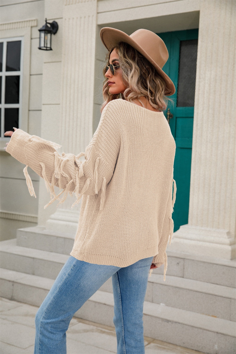 Fringe Round Neck Dropped Shoulder Sweater - Body By J'ne