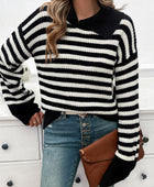 Devine Striped Collared Neck Long Sleeve Sweater