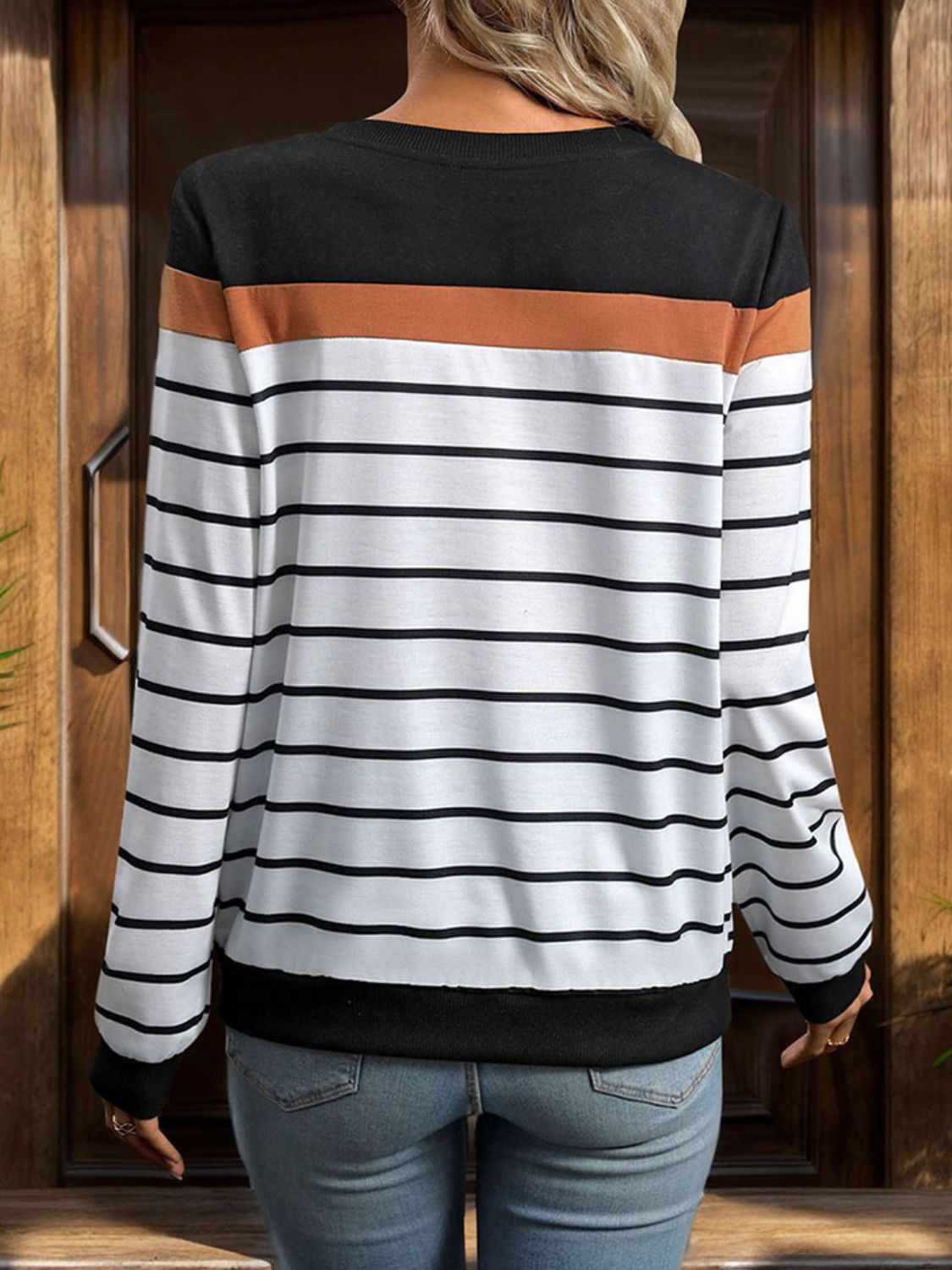 Perfee Striped Round Neck Long Sleeve Sweatshirt - Body By J'ne