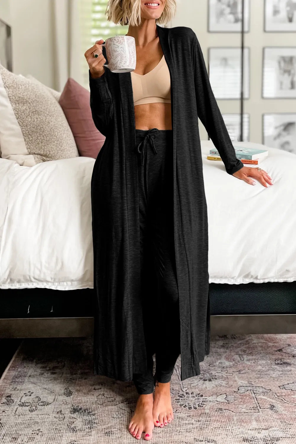 Open Front Long Sleeve Cardigan and Pants Lounge Set - Body By J'ne