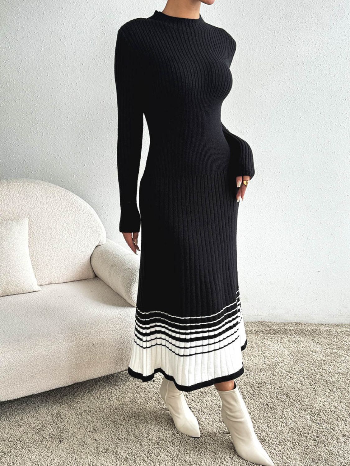 Contrast Mock Neck Long Sleeve Sweater Dress - Body By J'ne