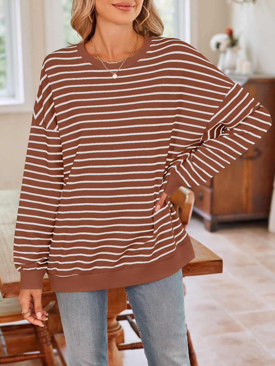 Lovelet Striped Round Neck Long Sleeve Sweatshirt - Body By J'ne