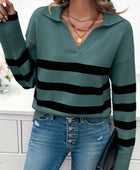 Striped Collared Neck Long Sleeve Sweater