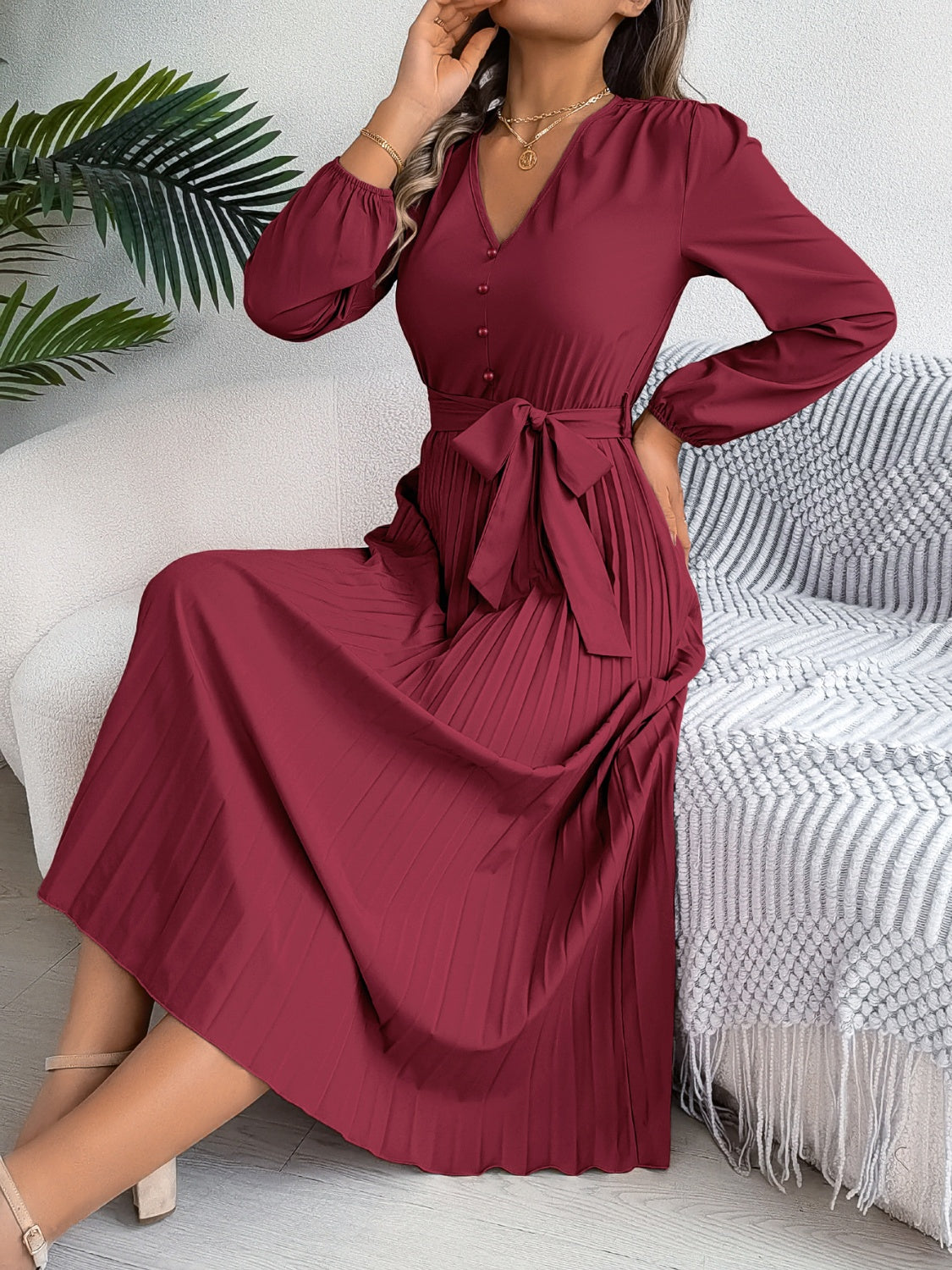 Pleated Tied V-Neck Long Sleeve Dress - Body By J'ne