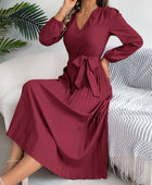 Pleated Tied V-Neck Long Sleeve Dress