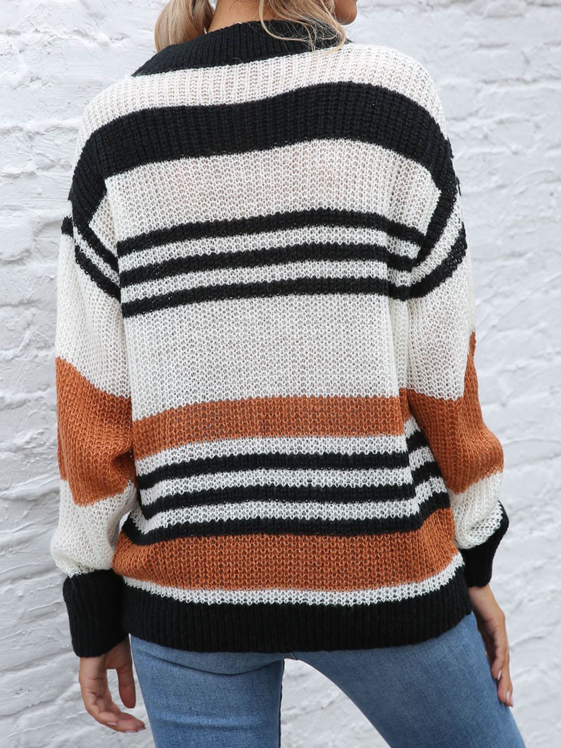 Contrast Striped Round Neck Long Sleeve Sweater - Body By J'ne