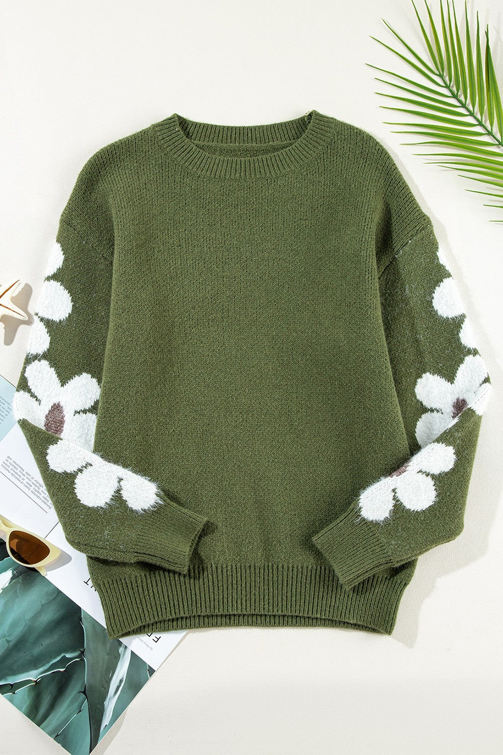 Flower Round Neck Long Sleeve Sweater