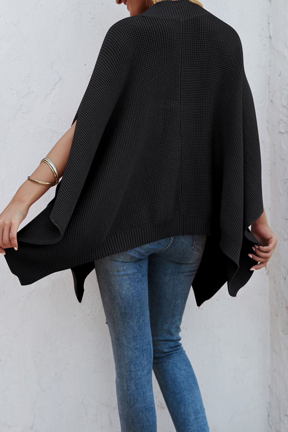 Waffle-Knit Pocketed Cape Sleeve Sweater - Body By J'ne