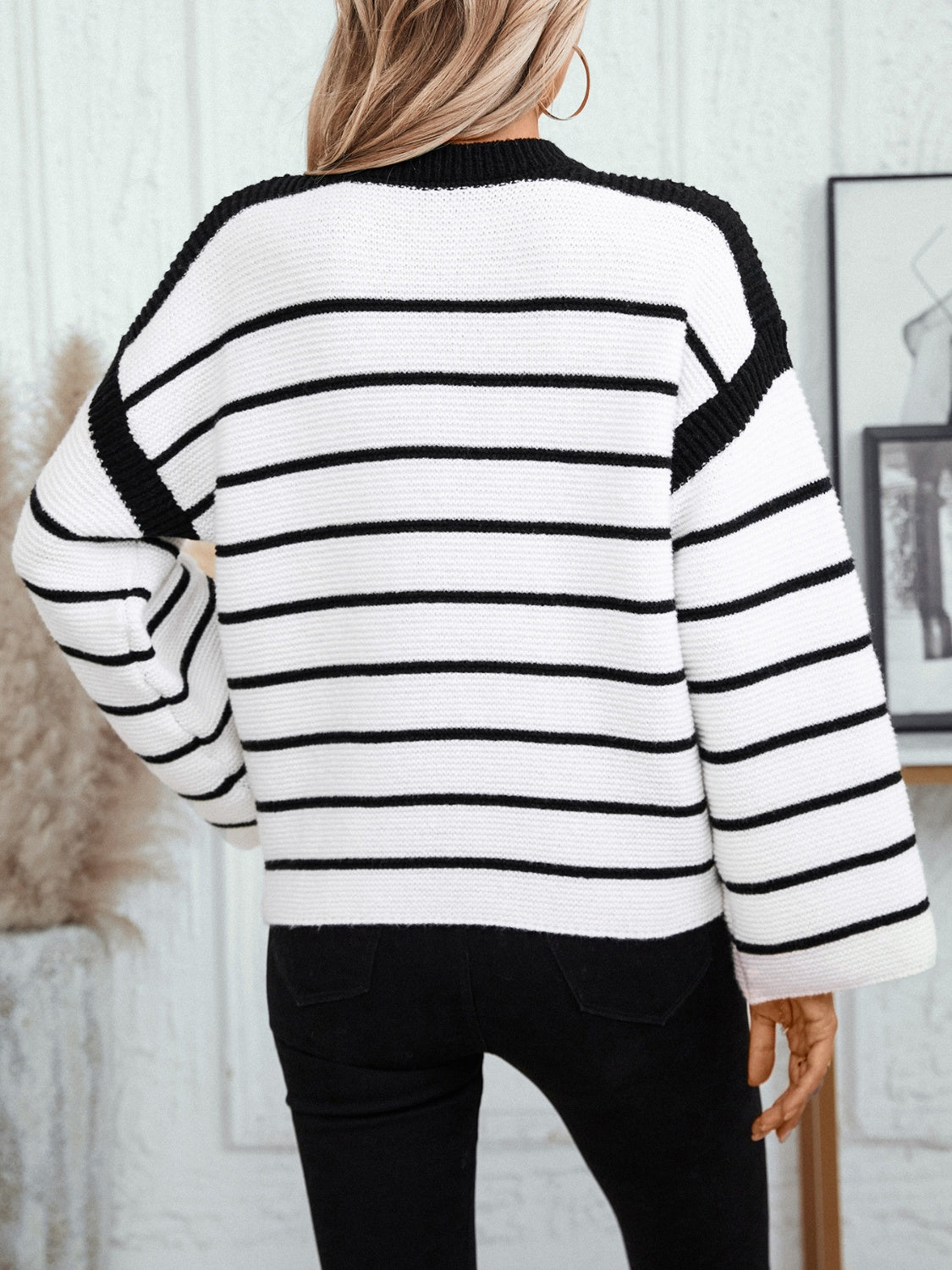 Striped Round Neck Long Sleeve Sweater - Body By J'ne