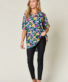 Full Size Printed V-Neck Short Sleeve Blouse - Body By J'ne