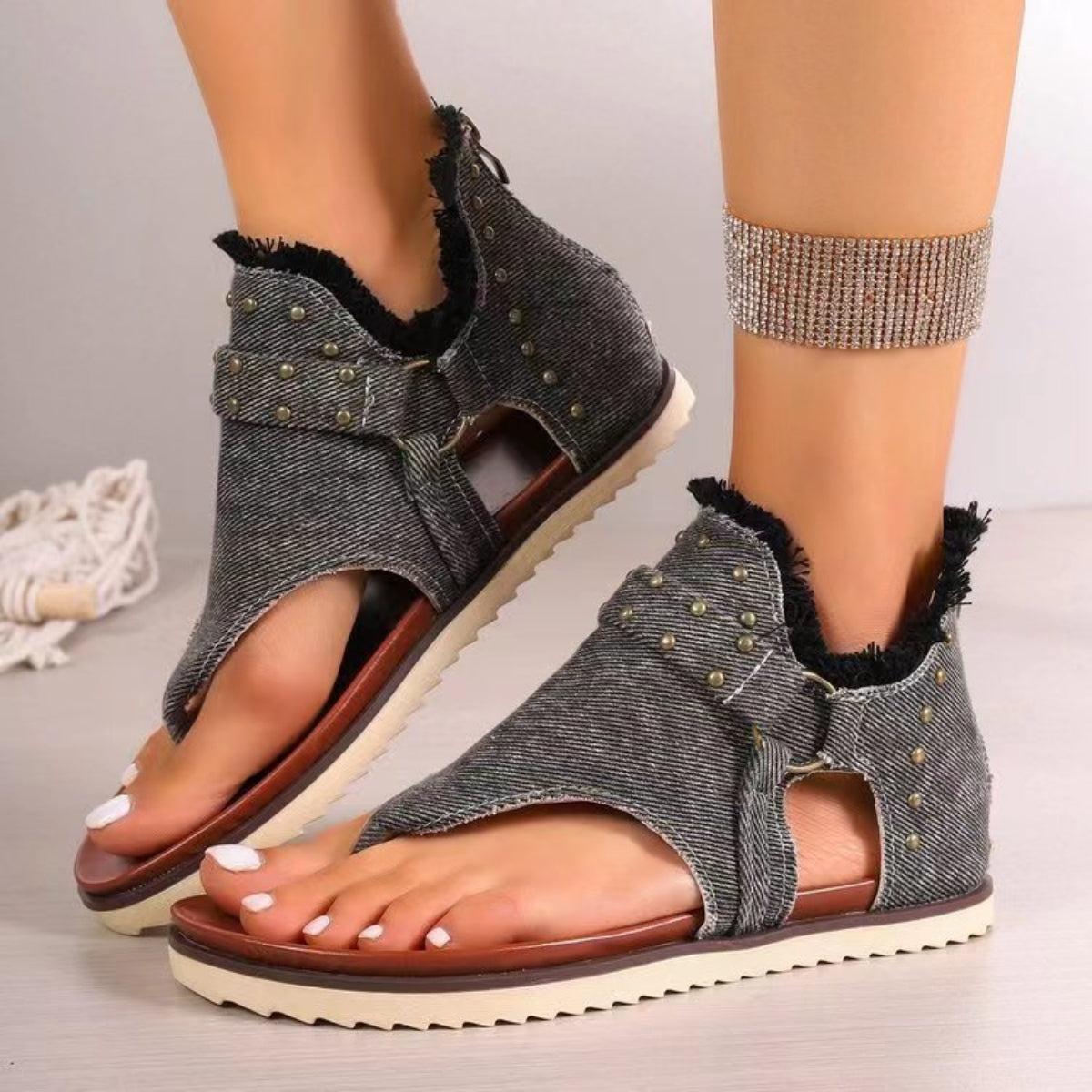 Studded Raw Hem Flat Sandals - Body By J'ne