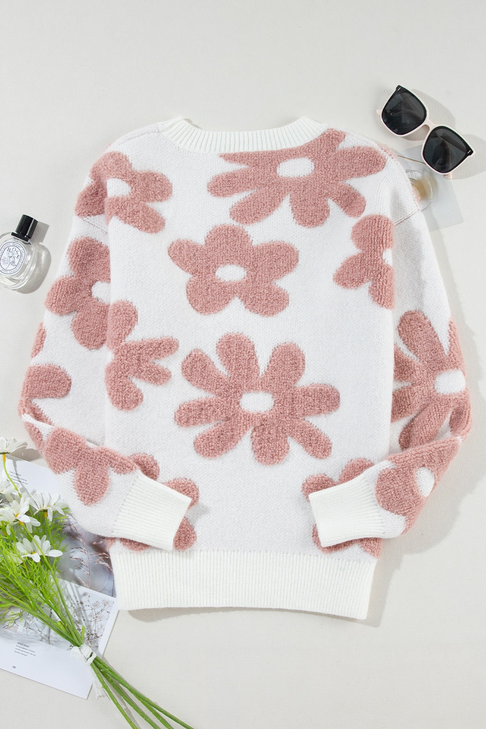 Flower Round Neck Long Sleeve Knit Top - Body By J'ne