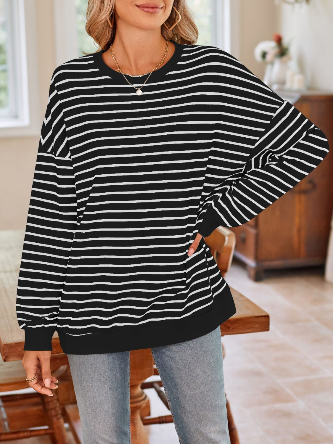 Lovelet Striped Round Neck Long Sleeve Sweatshirt - Body By J'ne