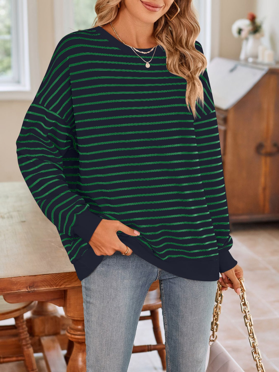 Lovelet Striped Round Neck Long Sleeve Sweatshirt - Body By J'ne