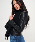 Knit Collared Faux Leather Crop Jacket