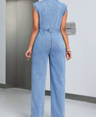 Tied Half Button Denim Jumpsuit with Pockets