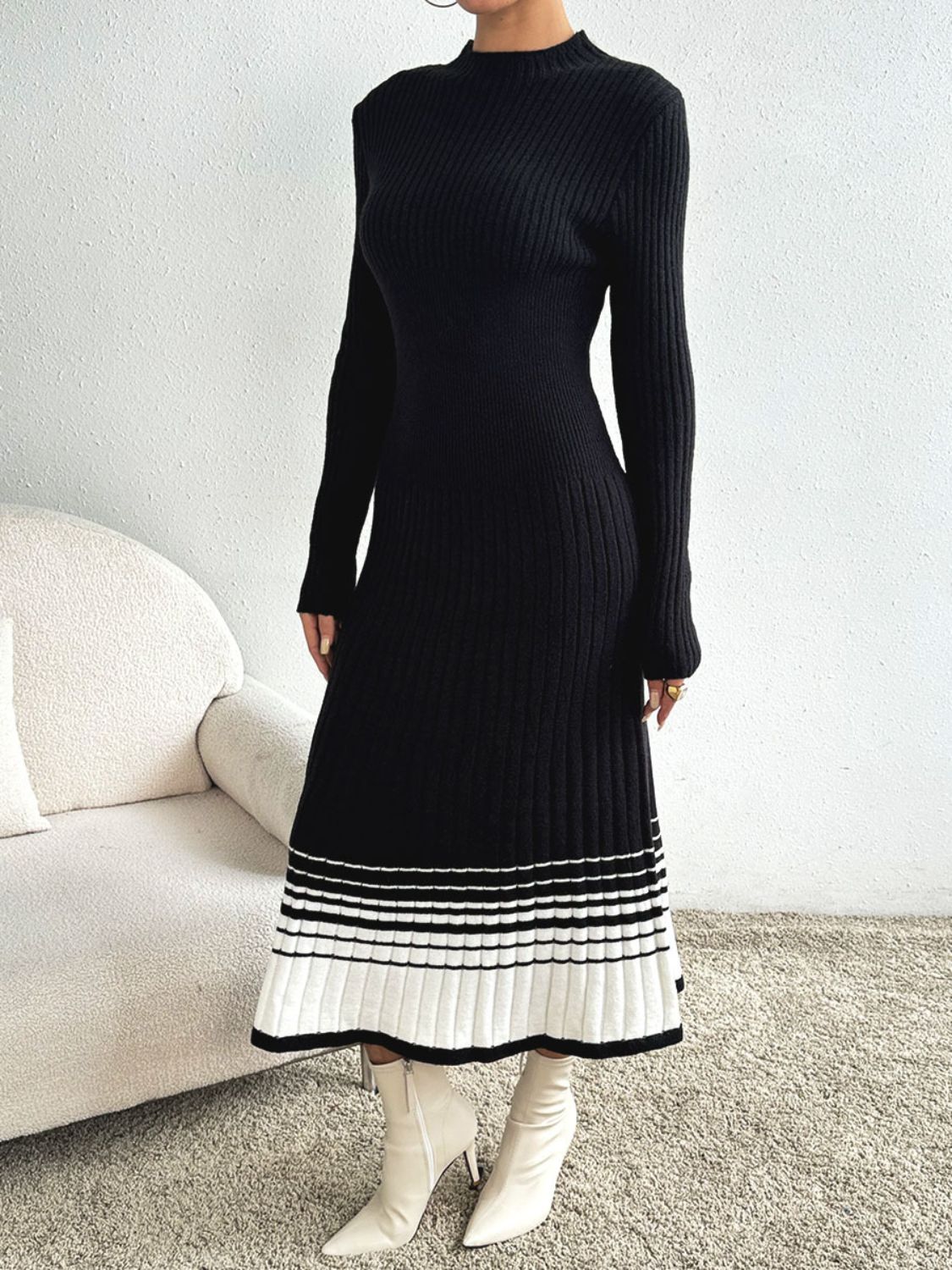 Contrast Mock Neck Long Sleeve Sweater Dress - Body By J'ne