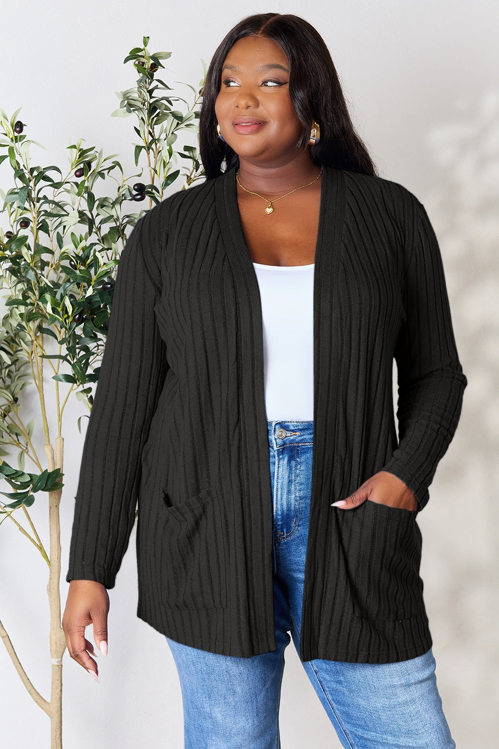 Ribbed Open Front Cardigan with Pockets - Body By J'ne